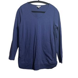 J Jill Sweater Top Small Blue Cotton Blend Shirt Side Pockets Athleisure Stretch
